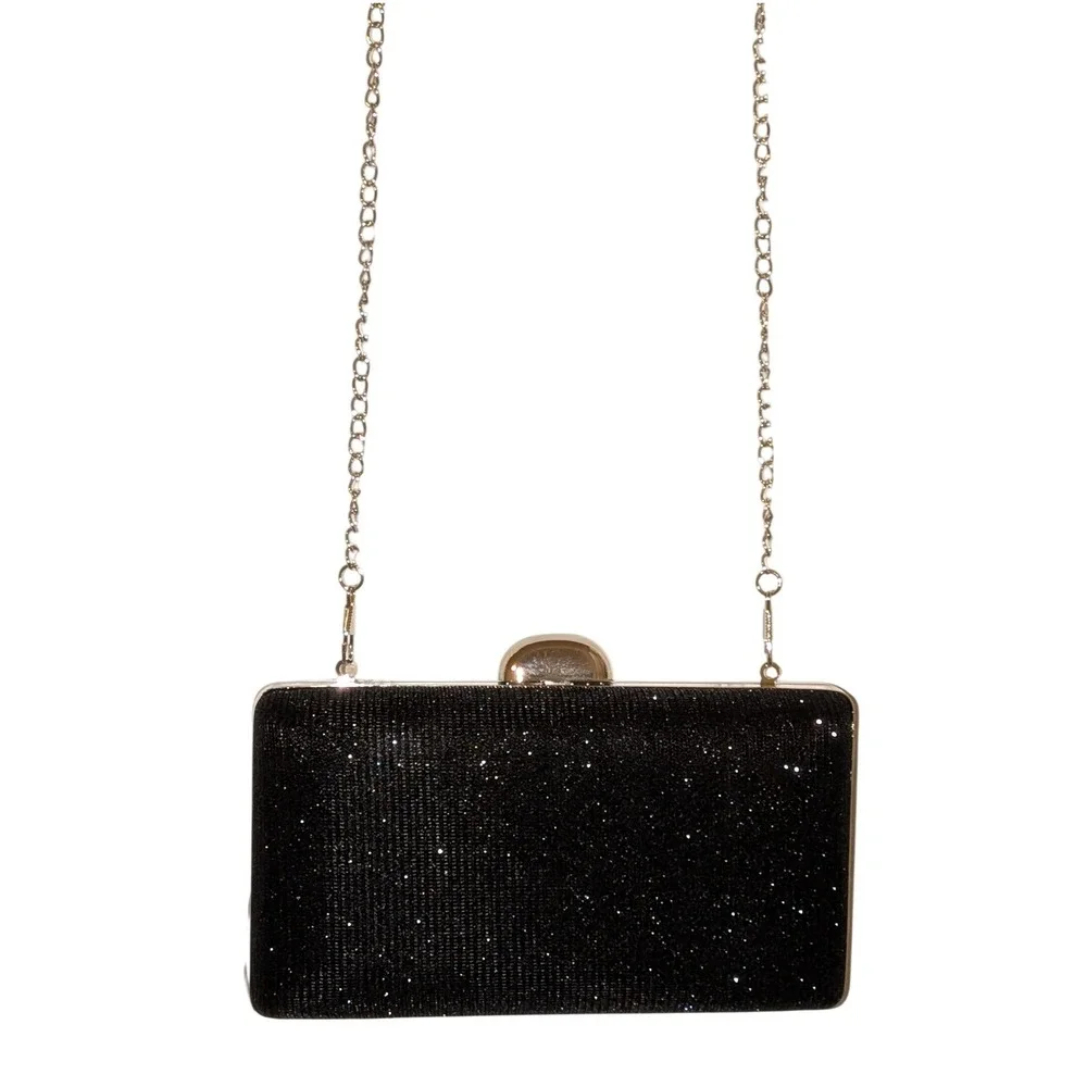 D'margeaux‎ Black Glitter Pleated Evening Clutch Bag Silver Chain YG92281B NEW